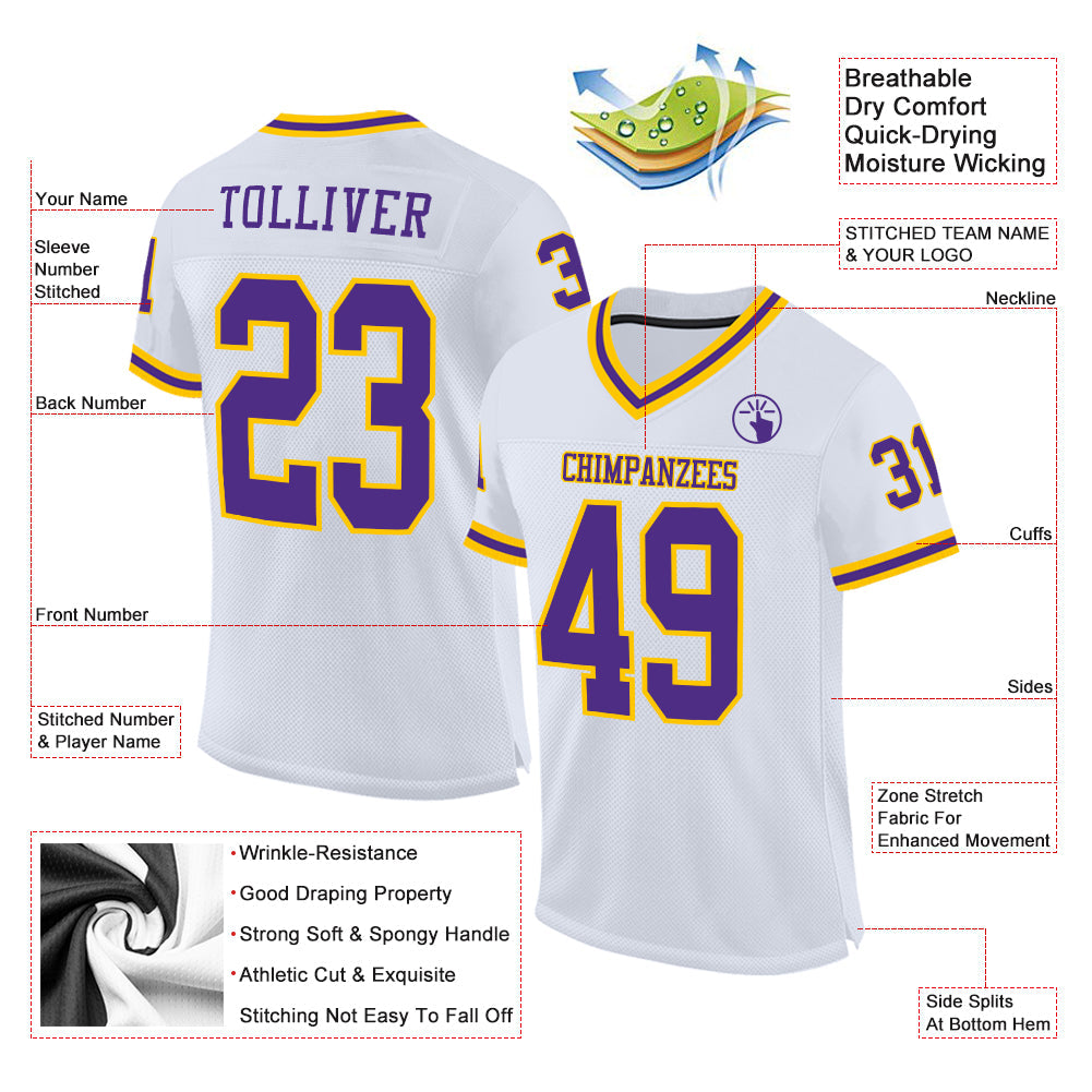 Custom White Purple-Gold Mesh Authentic Throwback Football Jersey