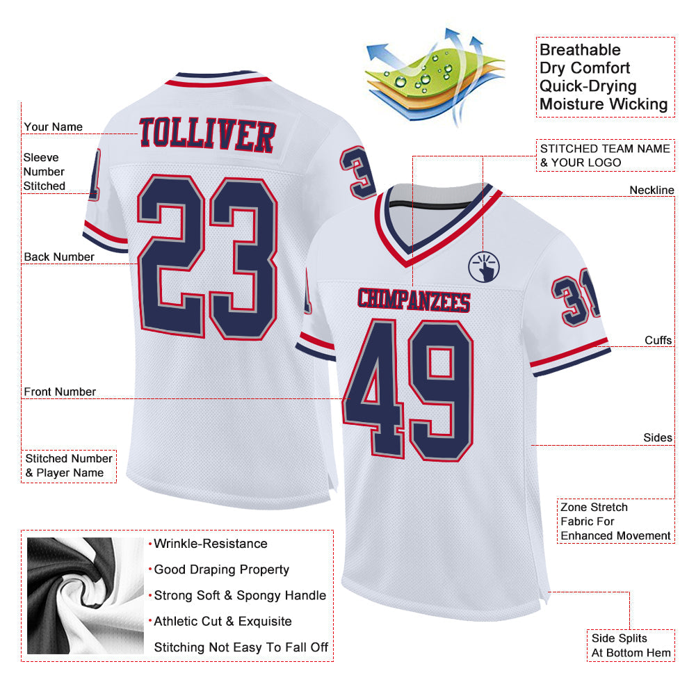 Custom White Navy-Red Mesh Authentic Throwback Football Jersey