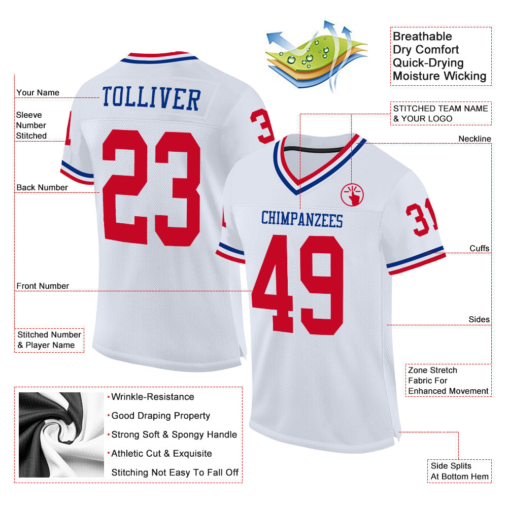 Custom White Red-Royal Mesh Authentic Throwback Football Jersey