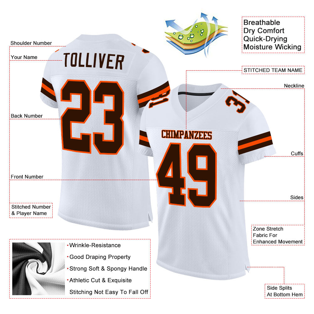 Custom White Brown-Orange Mesh Authentic Football Jersey