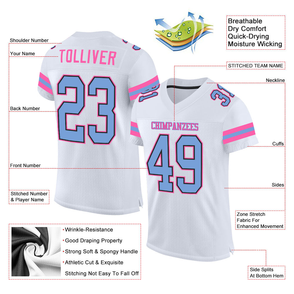 Custom White Light Blue-Pink Mesh Authentic Football Jersey