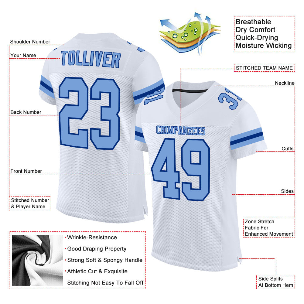 Custom White Light Blue-Royal Mesh Authentic Football Jersey