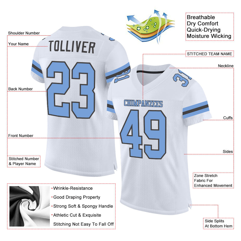 Custom White Light Blue-Steel Gray Mesh Authentic Football Jersey