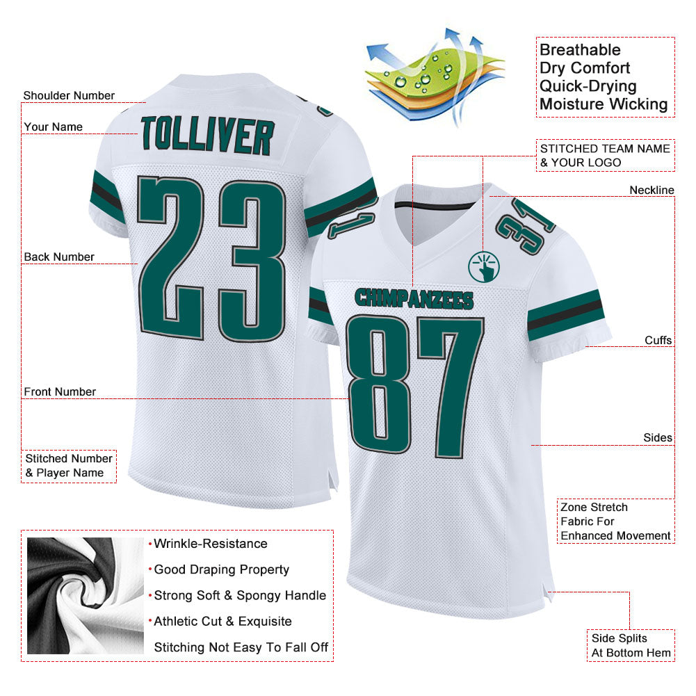 Custom White Midnight Green-Black Mesh Authentic Football Jersey