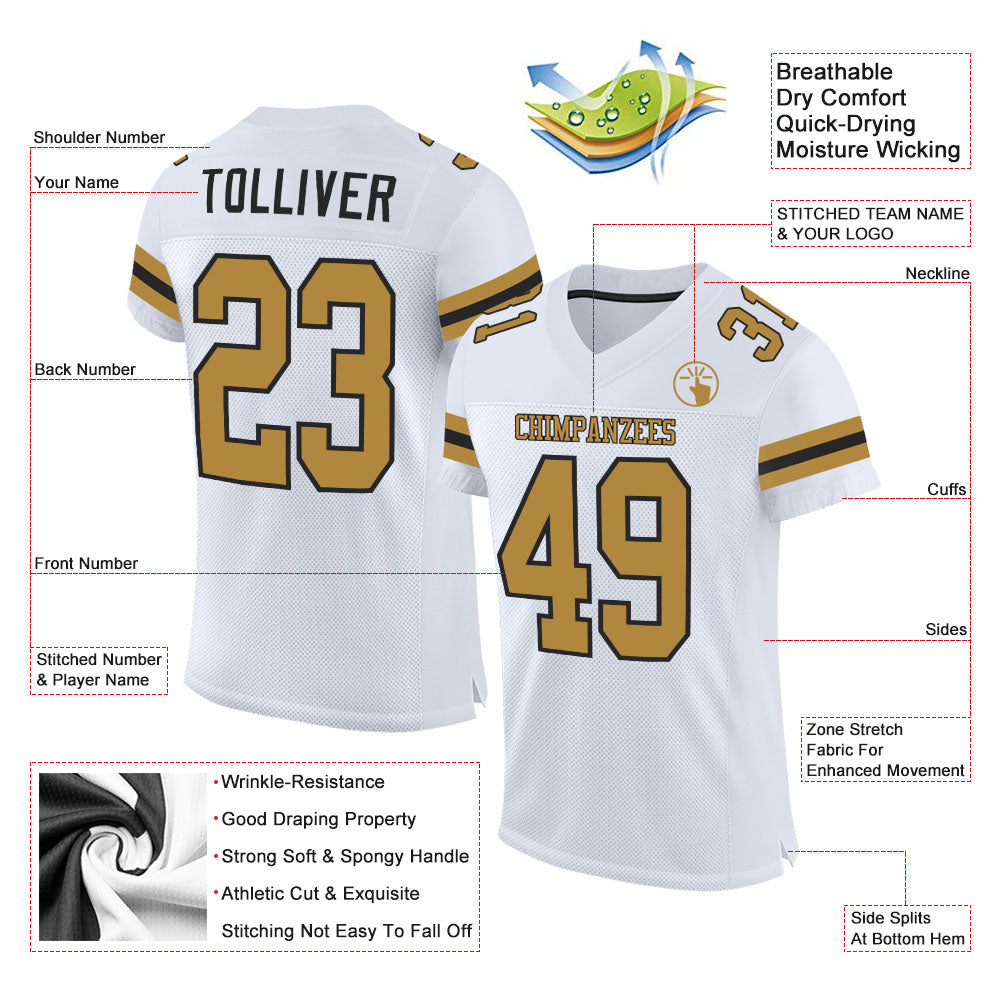 Custom White Old Gold-Black Mesh Authentic Football Jersey