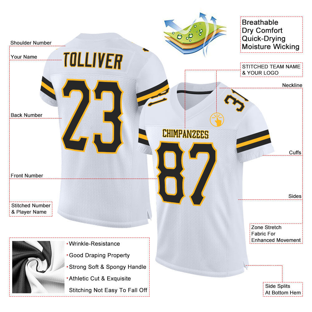 Custom White Black-Gold Mesh Authentic Football Jersey