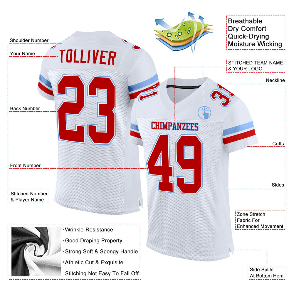 Custom White Red-Light Blue Mesh Authentic Football Jersey