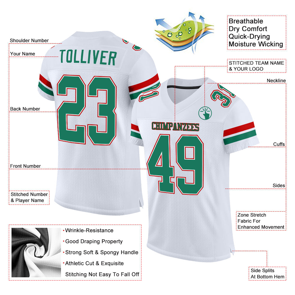 Custom White Kelly Green-Red Mesh Authentic Football Jersey