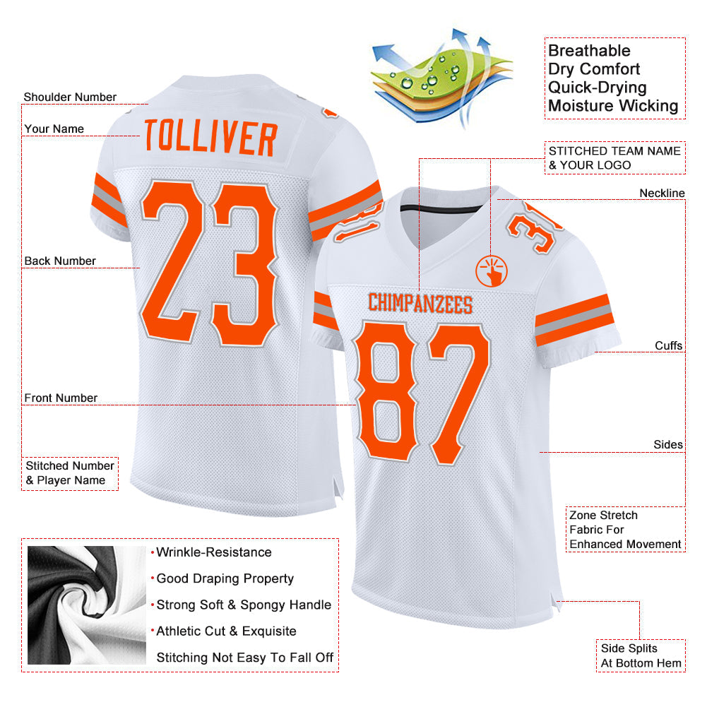 Custom White Orange-Gray Mesh Authentic Football Jersey