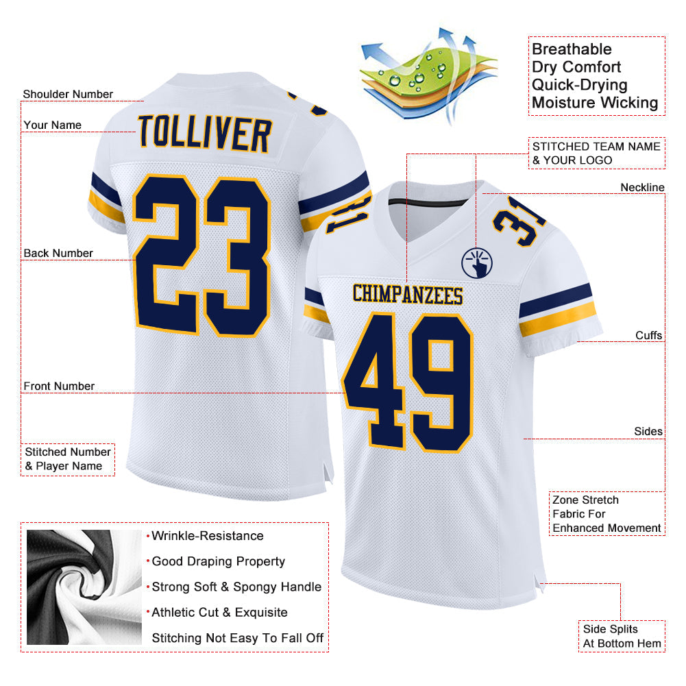 Custom White Navy-Gold Mesh Authentic Football Jersey