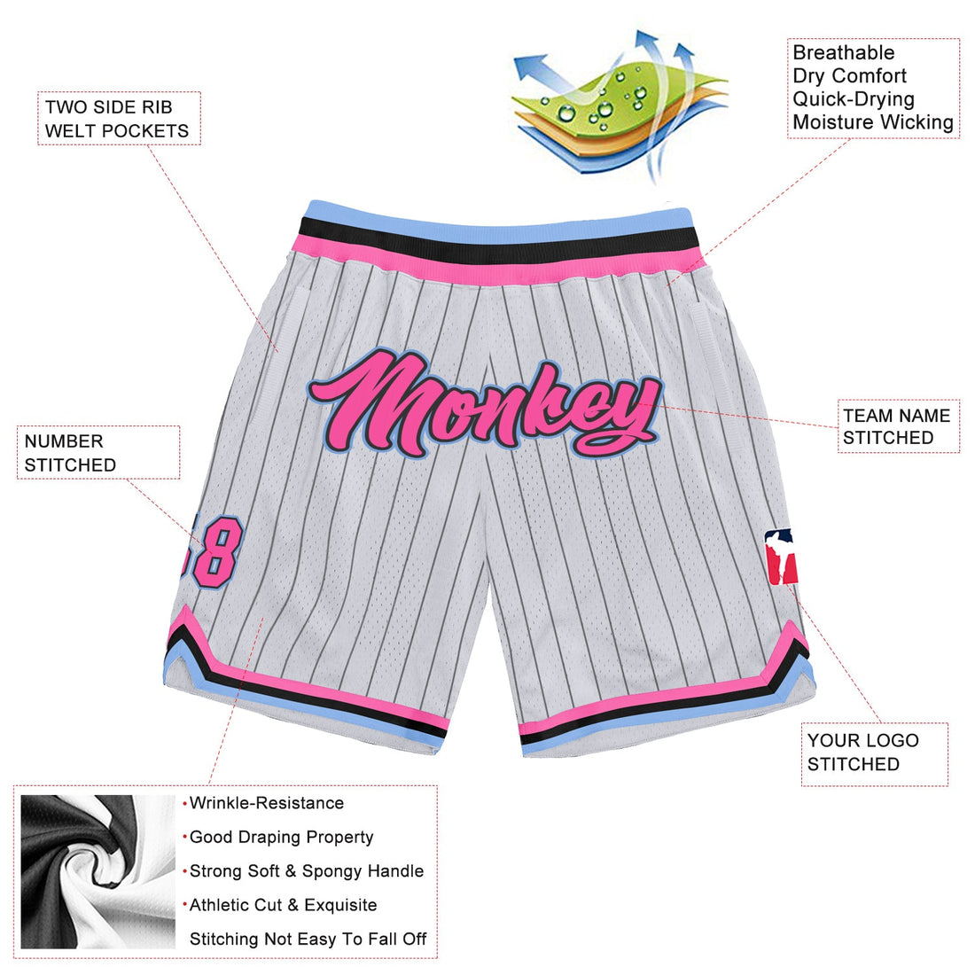 Custom White Black Pinstripe Pink-Light Blue Authentic Basketball Shorts