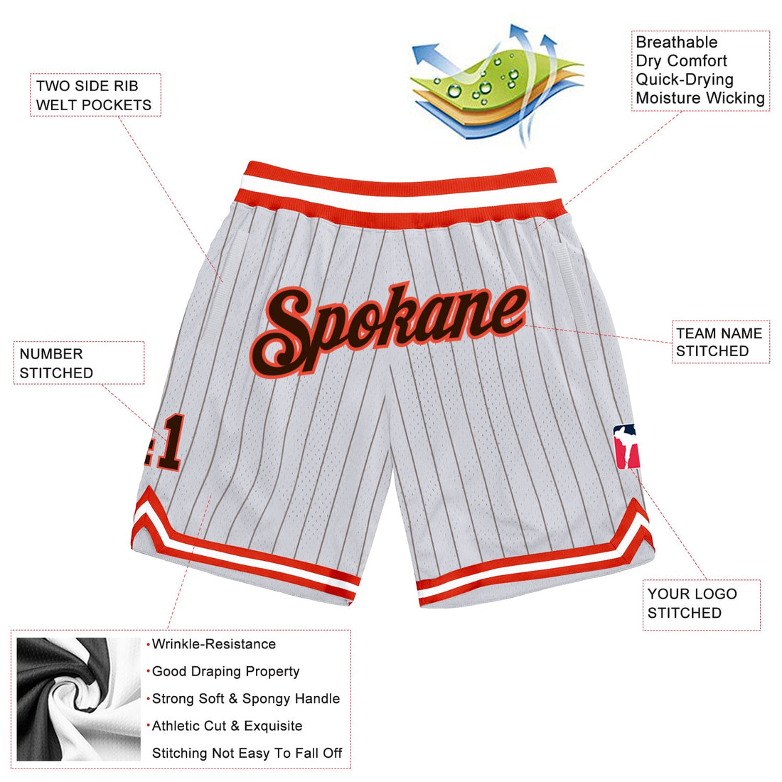 Custom White Brown Pinstripe Brown-Orange Authentic Basketball Shorts