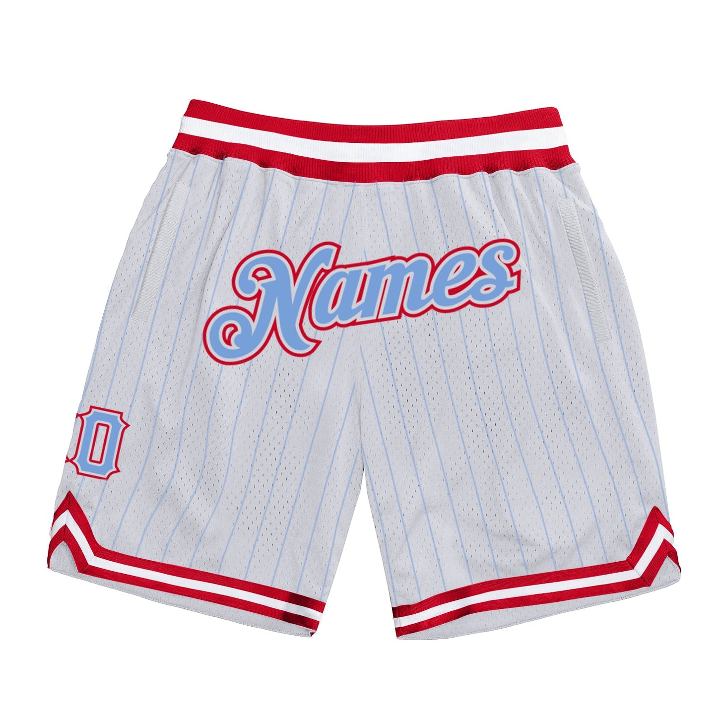 Custom White Light Blue Pinstripe Light Blue-Red Authentic Basketball Shorts