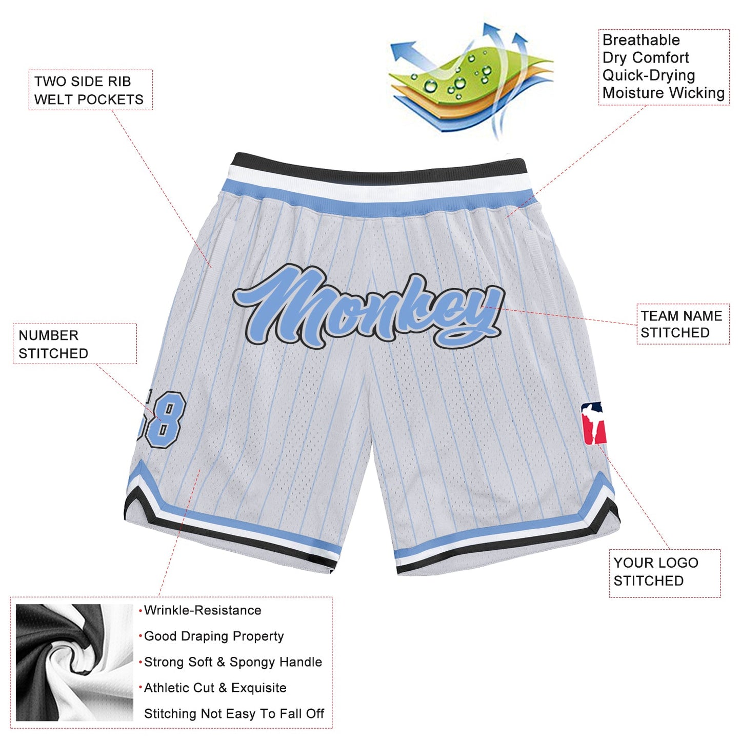 Custom White Light Blue Pinstripe Light Blue-Black Authentic Basketball Shorts