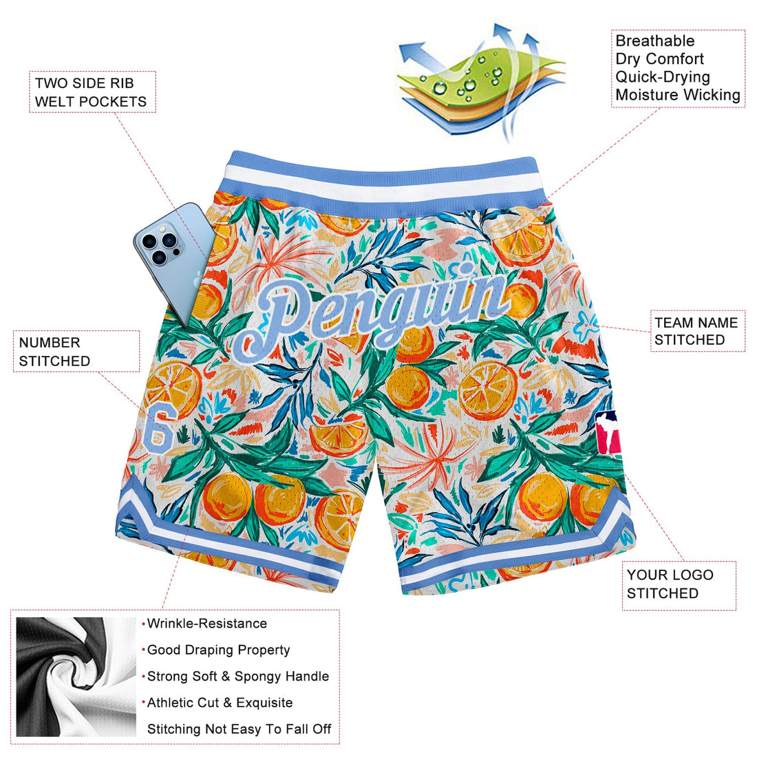 Custom White Light Blue-White 3D Pattern Design Oranges Authentic Basketball Shorts