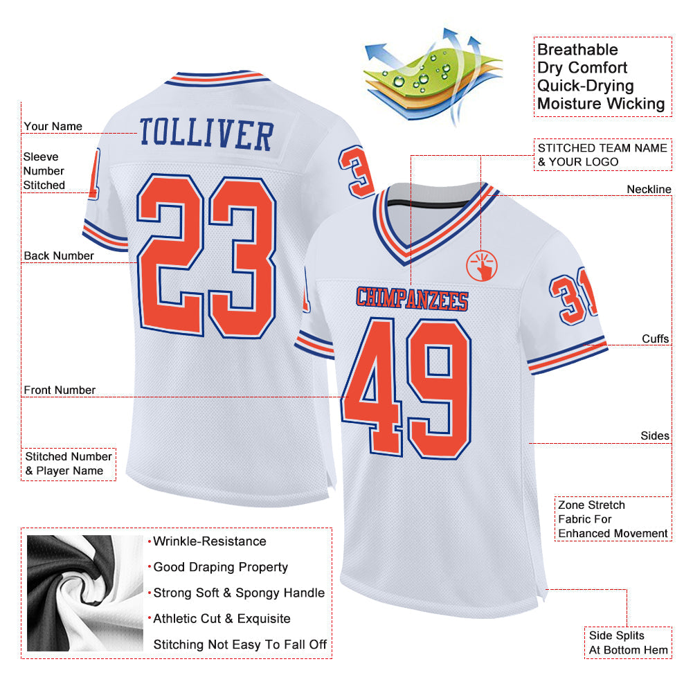 Custom White Orange-Royal Mesh Authentic Throwback Football Jersey