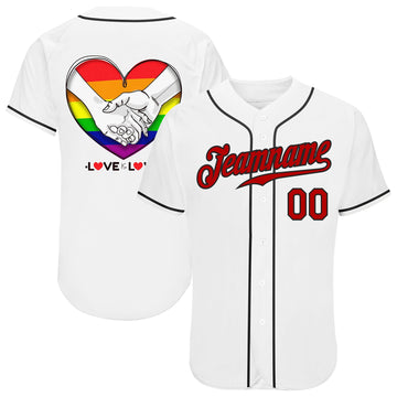 Custom White Red-Black Rainbow Colored Heart For Pride Month Love Is Love LGBT Authentic Baseball Jersey