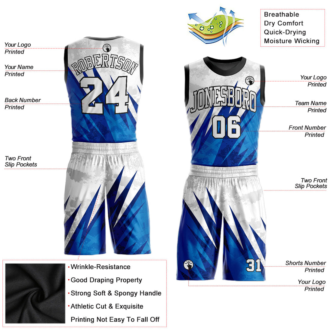 Custom White White-Royal Round Neck Sublimation Basketball Suit Jersey