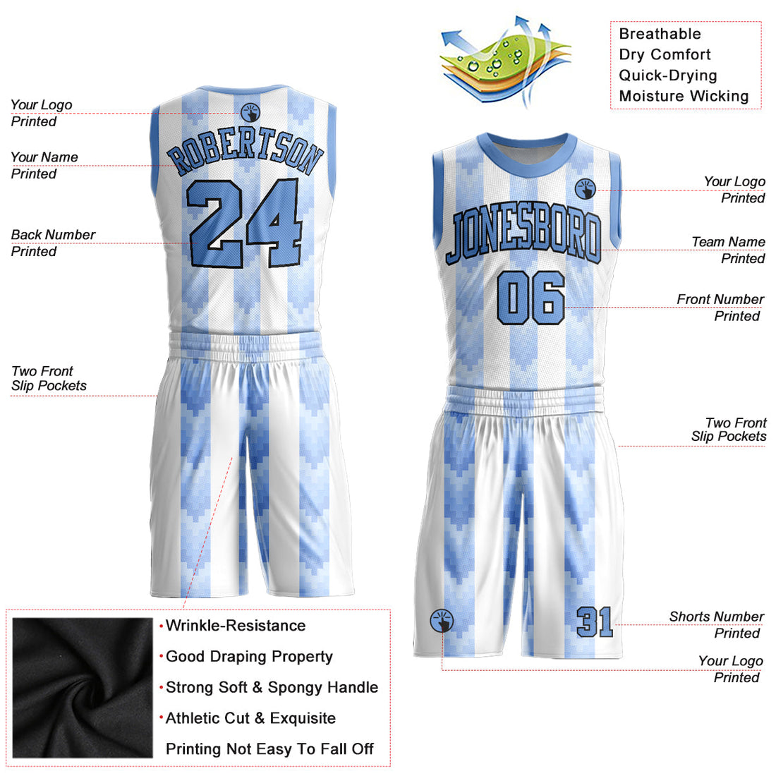 Custom White Light Blue-Black Round Neck Sublimation Basketball Suit Jersey