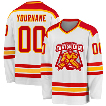 Custom White Red-Gold Hockey Jersey