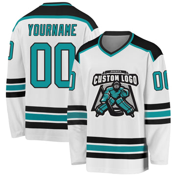 Custom White Aqua-Black Hockey Jersey