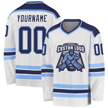 Custom White Navy-Light Blue Hockey Jersey