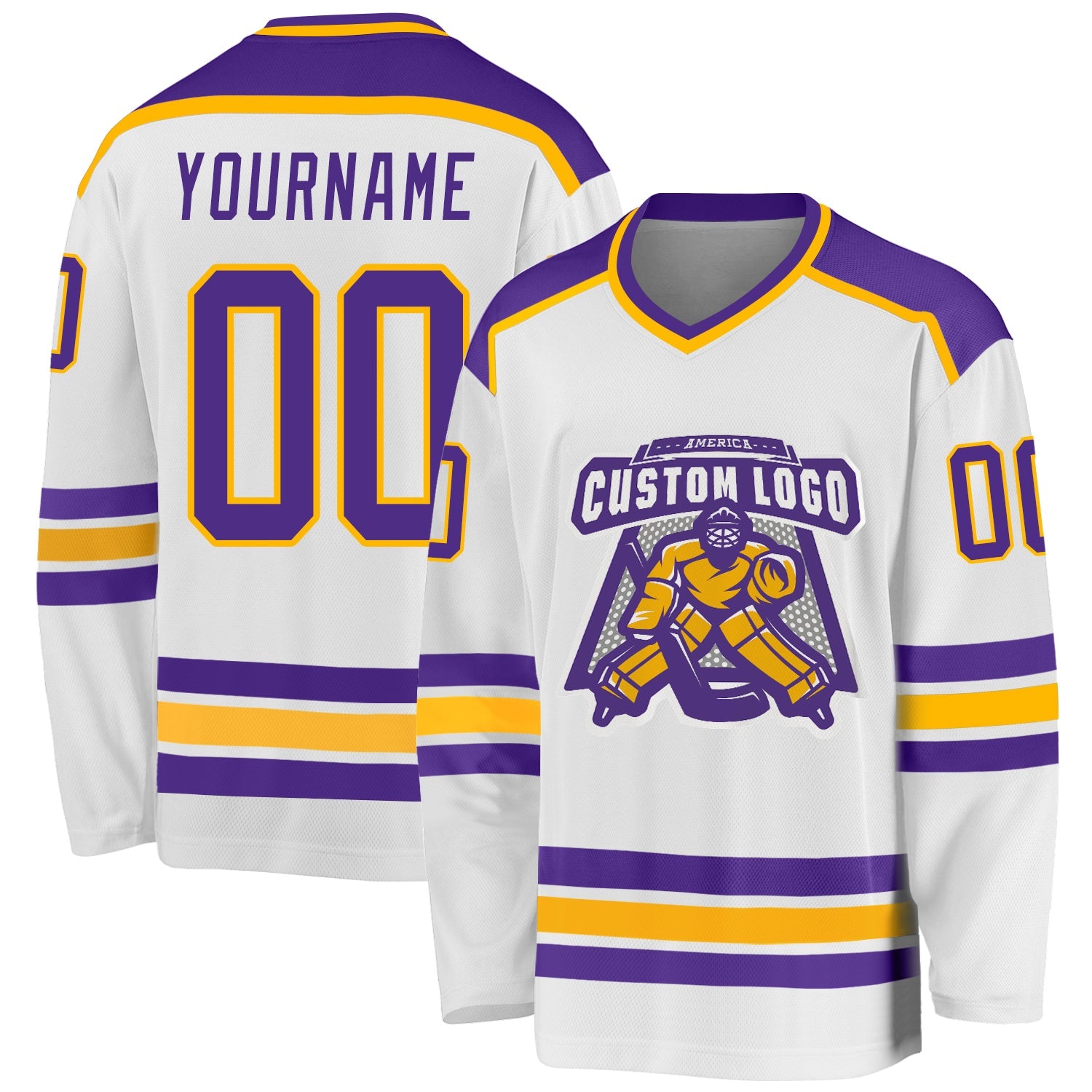 Custom White Purple-Gold Hockey Jersey