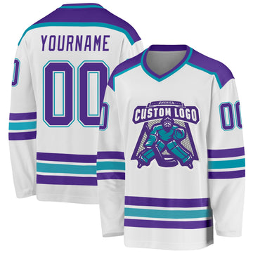 Custom White Purple-Teal Hockey Jersey