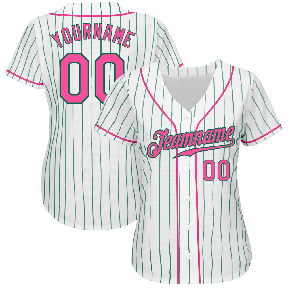 Custom White Kelly Green Pinstripe Pink-Kelly Green Authentic Baseball Jersey