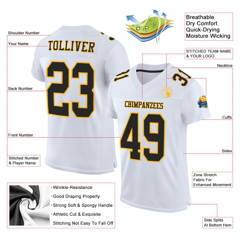 Custom White Black-Gold Mesh Authentic Football Jersey