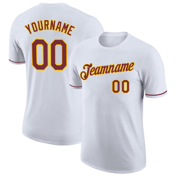 Custom White Burgundy-Gold Performance T-Shirt