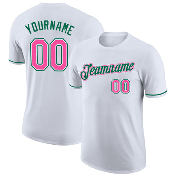 Custom White Pink-Kelly Green Performance T-Shirt