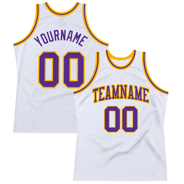 Custom White Purple-Gold Authentic Throwback Basketball Jersey