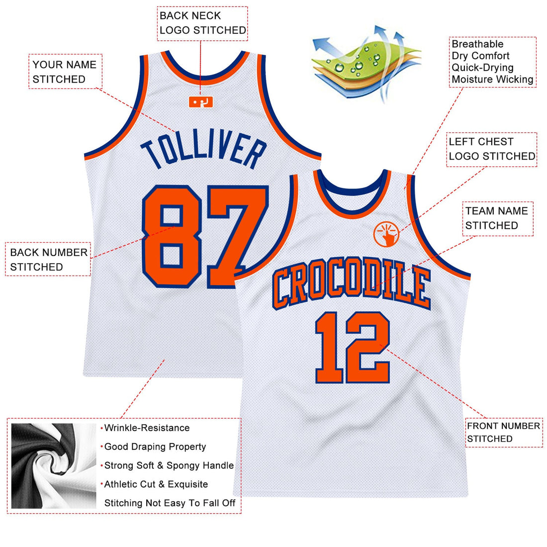 Custom White Orange-Royal Authentic Throwback Basketball Jersey