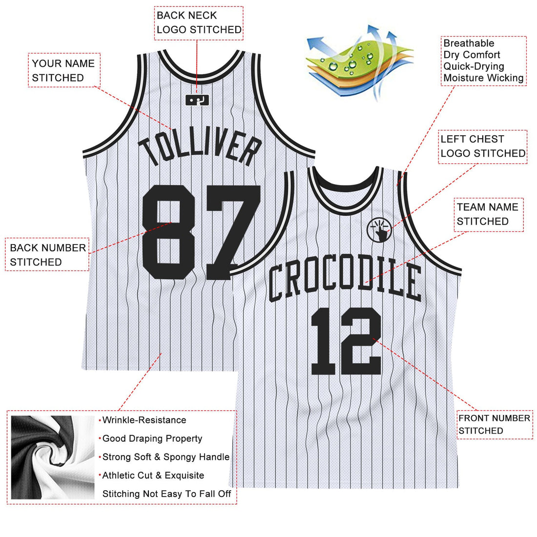 Custom White Black Pinstripe Black Authentic Basketball Jersey