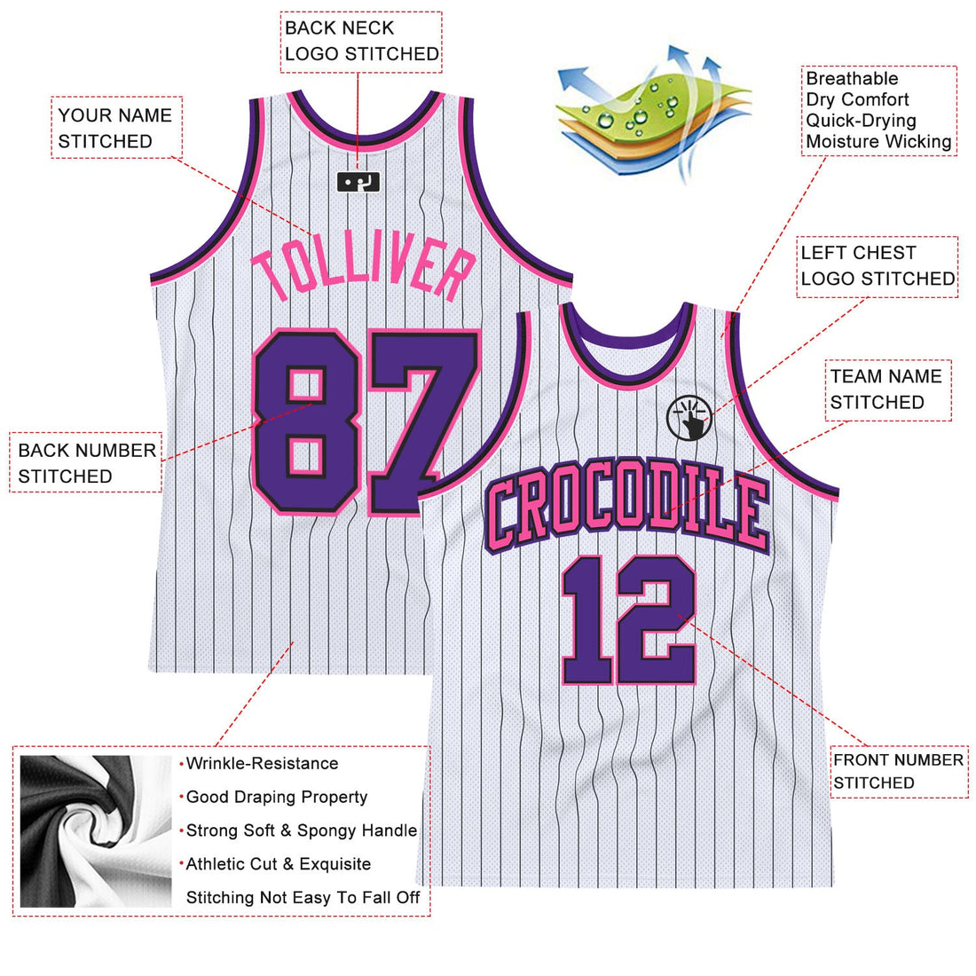 Custom White Black Pinstripe Purple-Pink Authentic Basketball Jersey