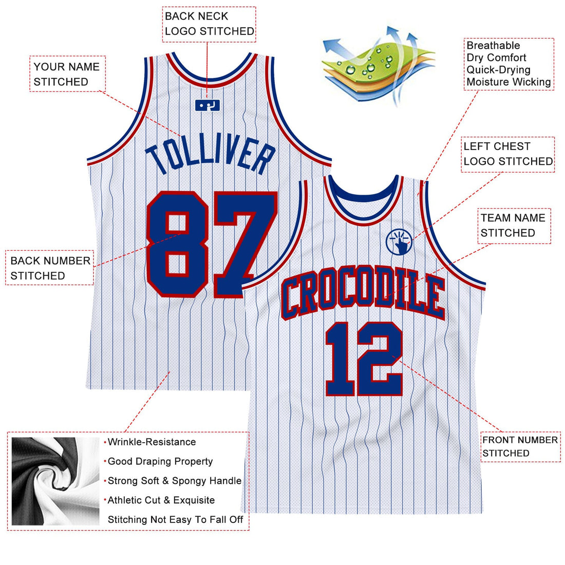 Custom White Royal Pinstripe Royal-Red Authentic Basketball Jersey