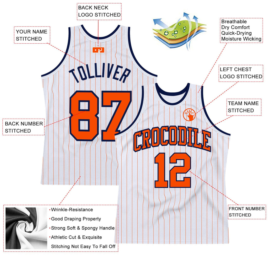 Custom White Orange Pinstripe Orange-Navy Authentic Basketball Jersey