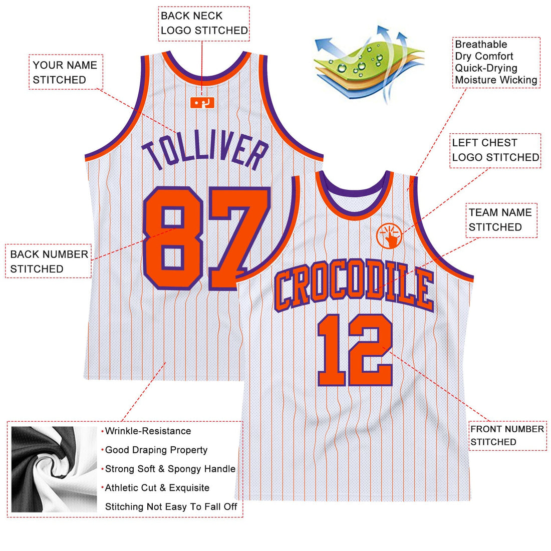 Custom White Orange Pinstripe Orange-Purple Authentic Basketball Jersey