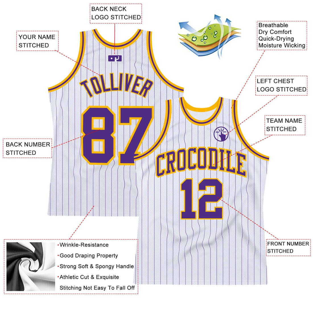 Custom White Purple Pinstripe Purple-Gold Authentic Basketball Jersey