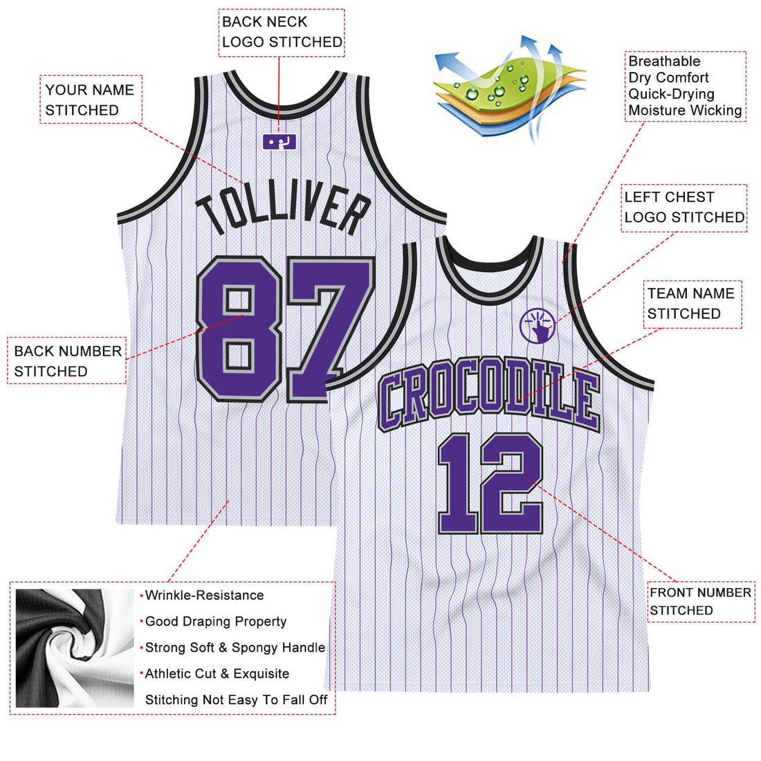 Custom White Purple Pinstripe Purple Gray-Black Authentic Basketball Jersey