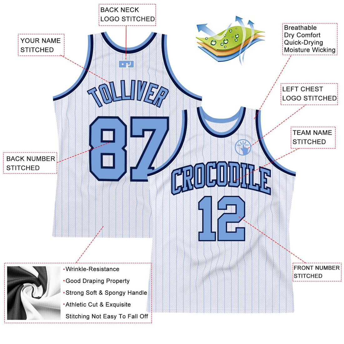 Custom White Light Blue Pinstripe Light Blue-Navy Authentic Basketball Jersey