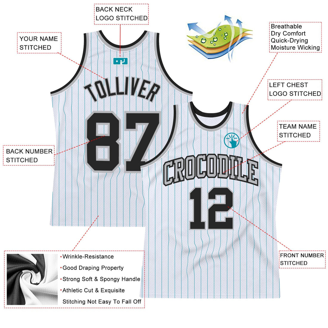 Custom White Teal Pinstripe Black-Gray Authentic Basketball Jersey