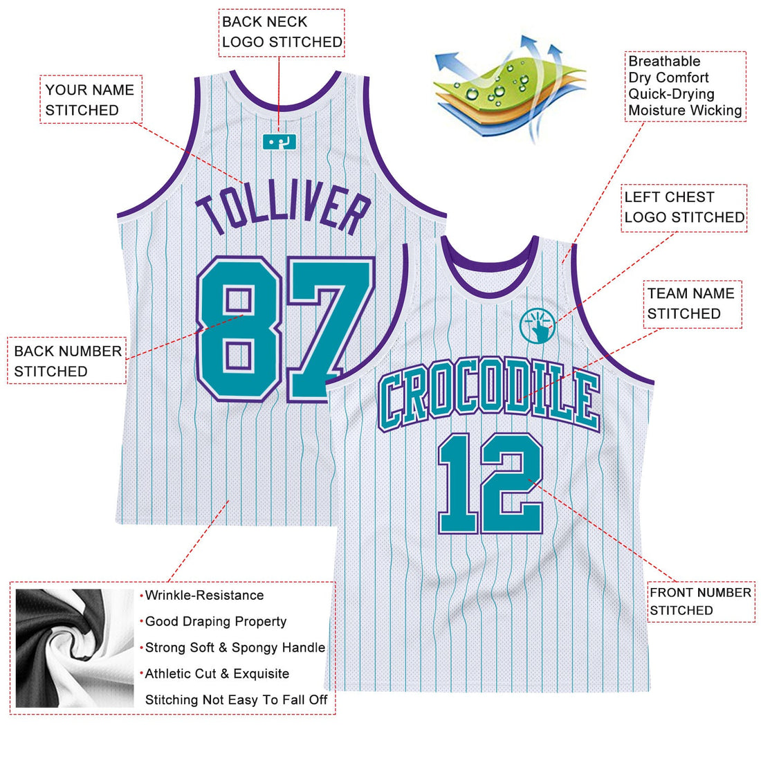 Custom White Teal Pinstripe Teal-Purple Authentic Basketball Jersey