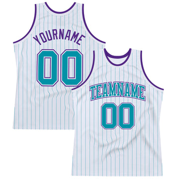 Custom White Teal Pinstripe Teal-Purple Authentic Basketball Jersey