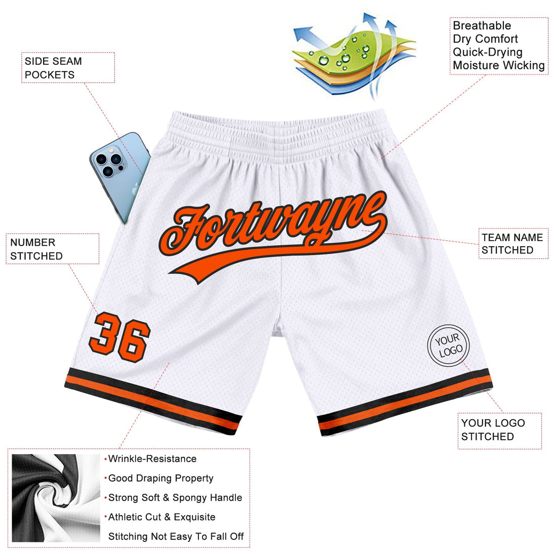 Custom White Orange-Black Authentic Throwback Basketball Shorts