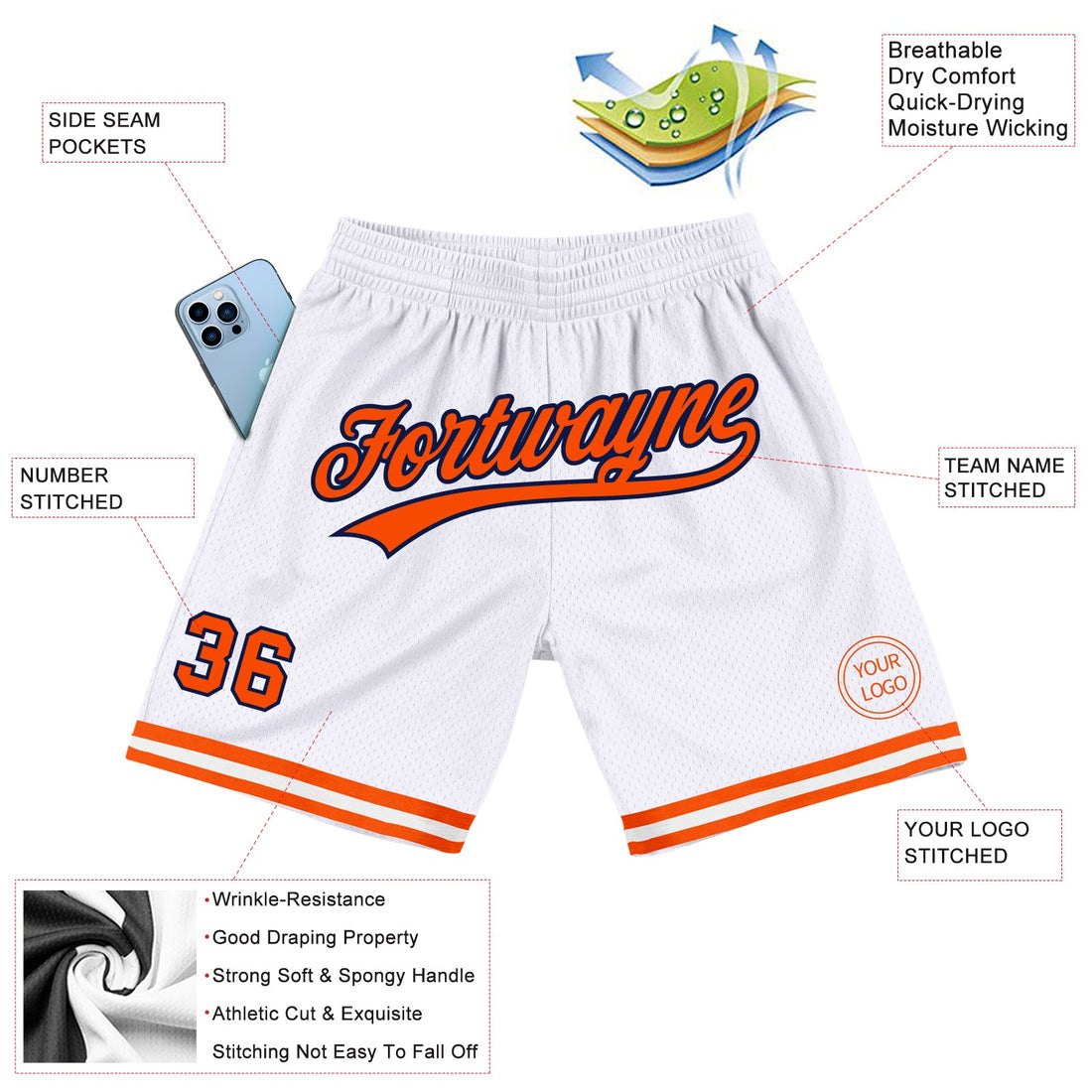 Custom White Orange-Navy Authentic Throwback Basketball Shorts