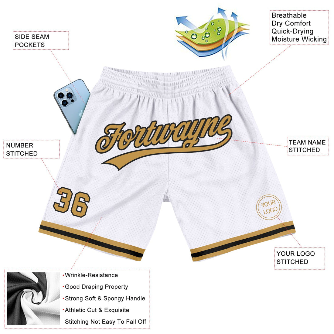 Custom White Old Gold-Black Authentic Throwback Basketball Shorts