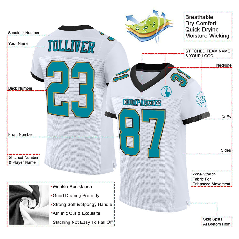 Custom White Teal Old Gold-Black Mesh Authentic Football Jersey