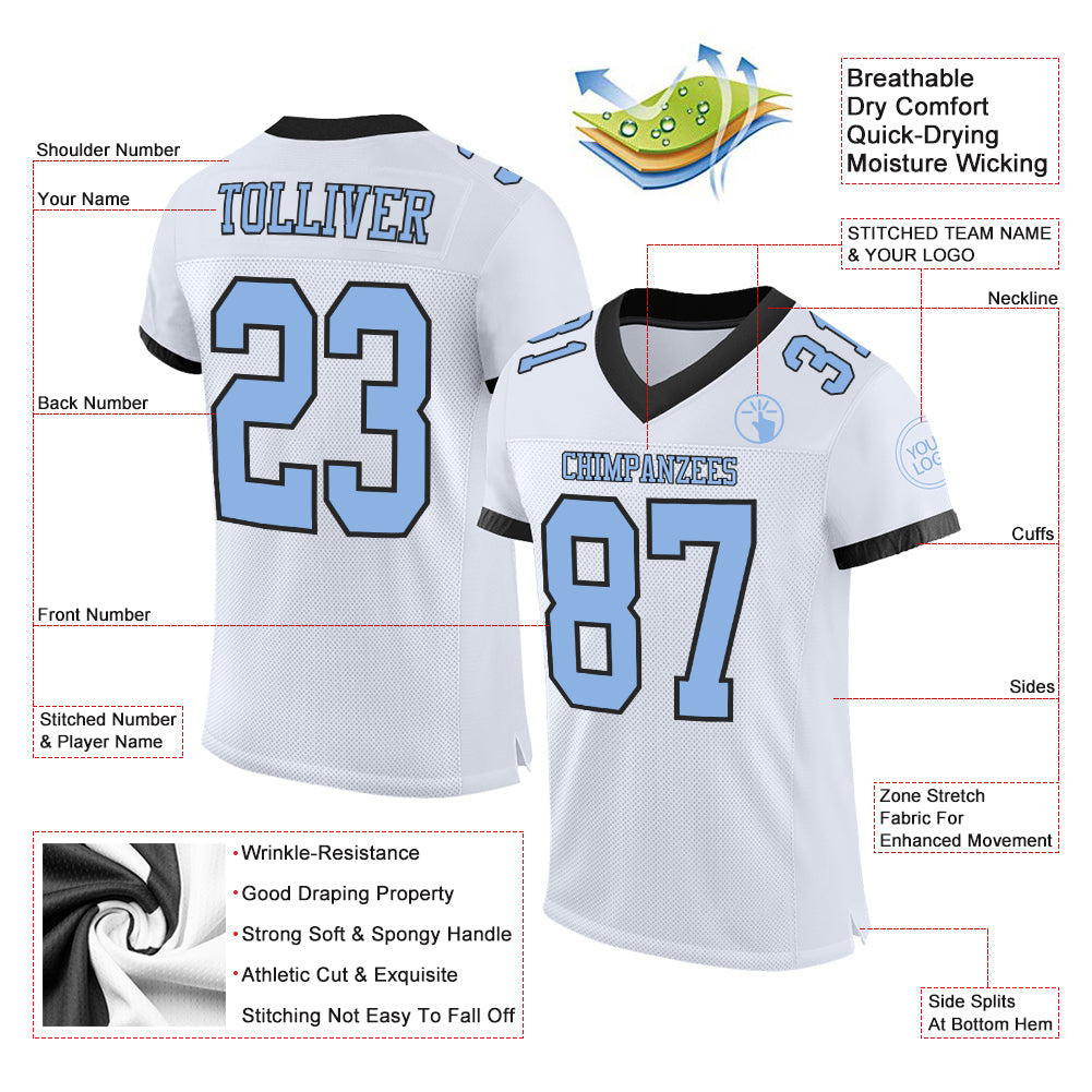 Custom White Light Blue-Black Mesh Authentic Football Jersey